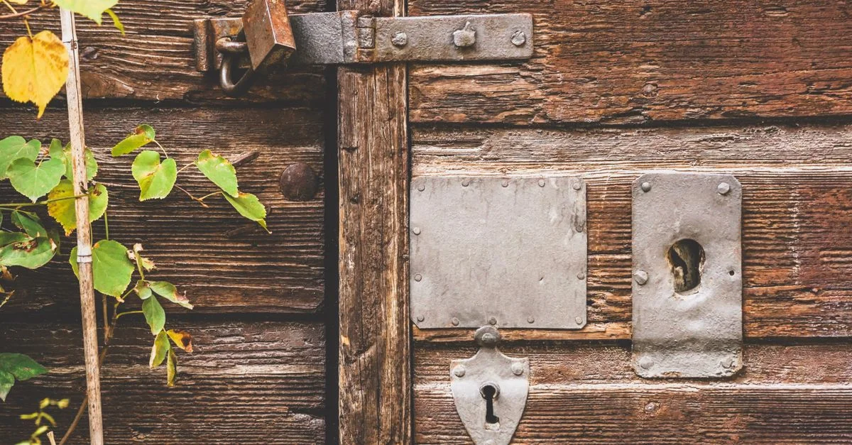 Un gros plan d'une porte en bois rustique avec des serrures métalliques et de la verdure.